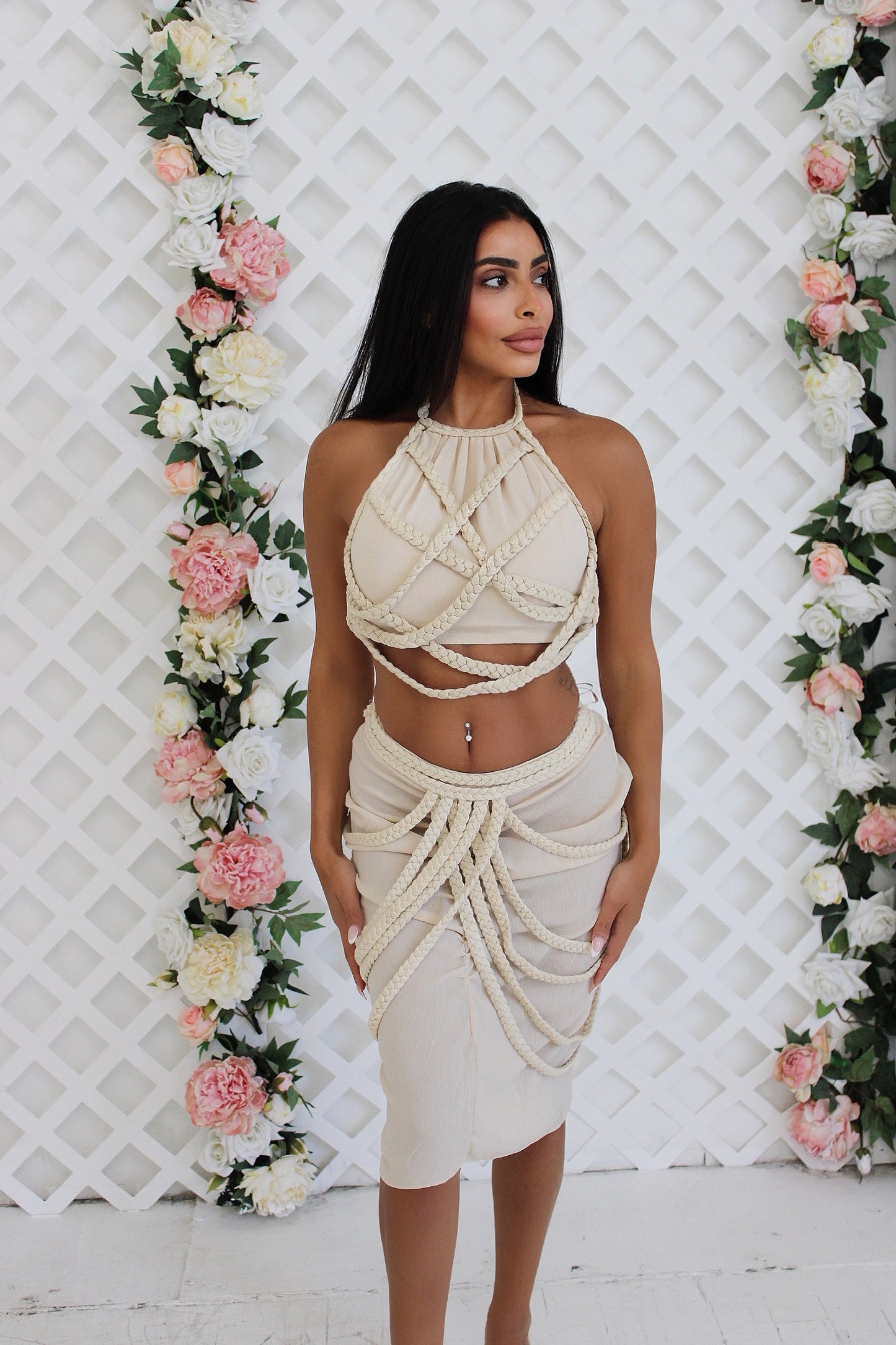 Braided Rope Draped Two Piece Set (Beige)