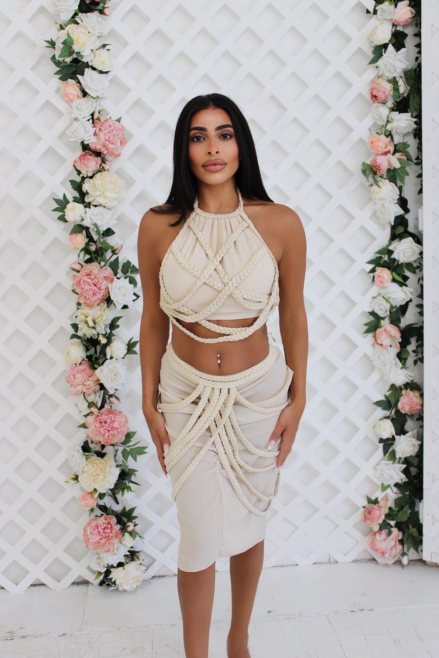Braided Rope Draped Two Piece Set (Beige)