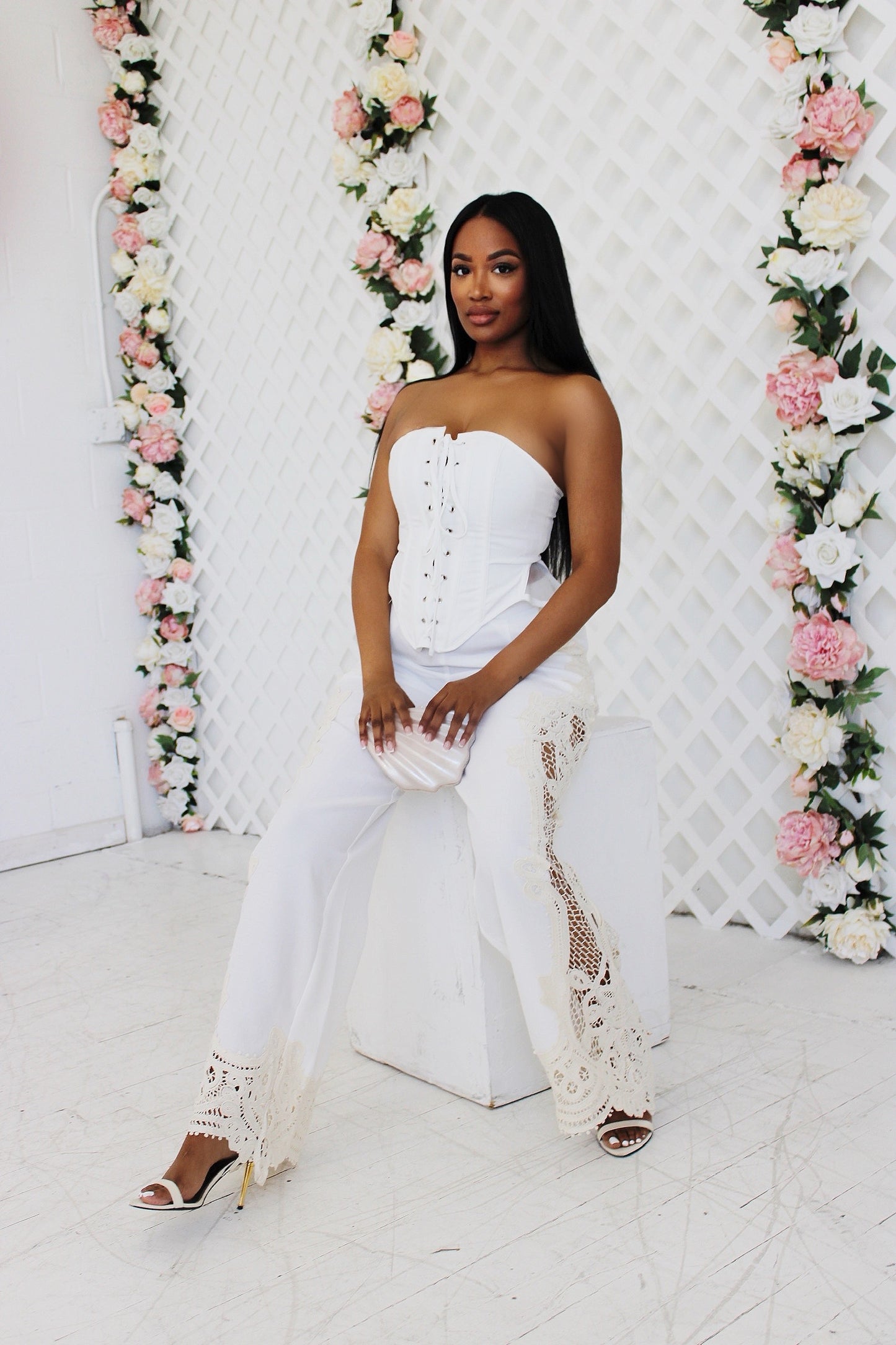 Lace Linen-Look Corset 2 Piece Set