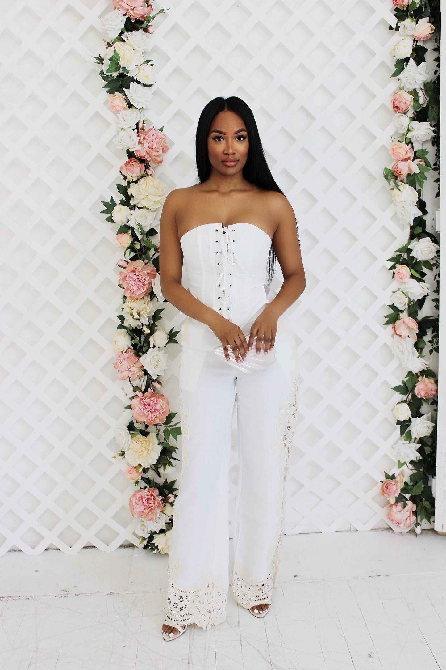 Lace Linen-Look Corset 2 Piece Set