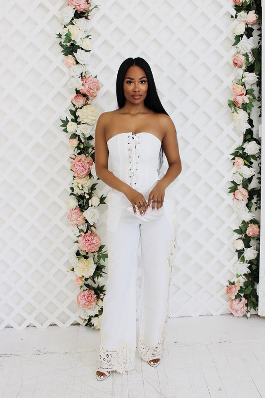 Lace Linen-Look Corset 2 Piece Set